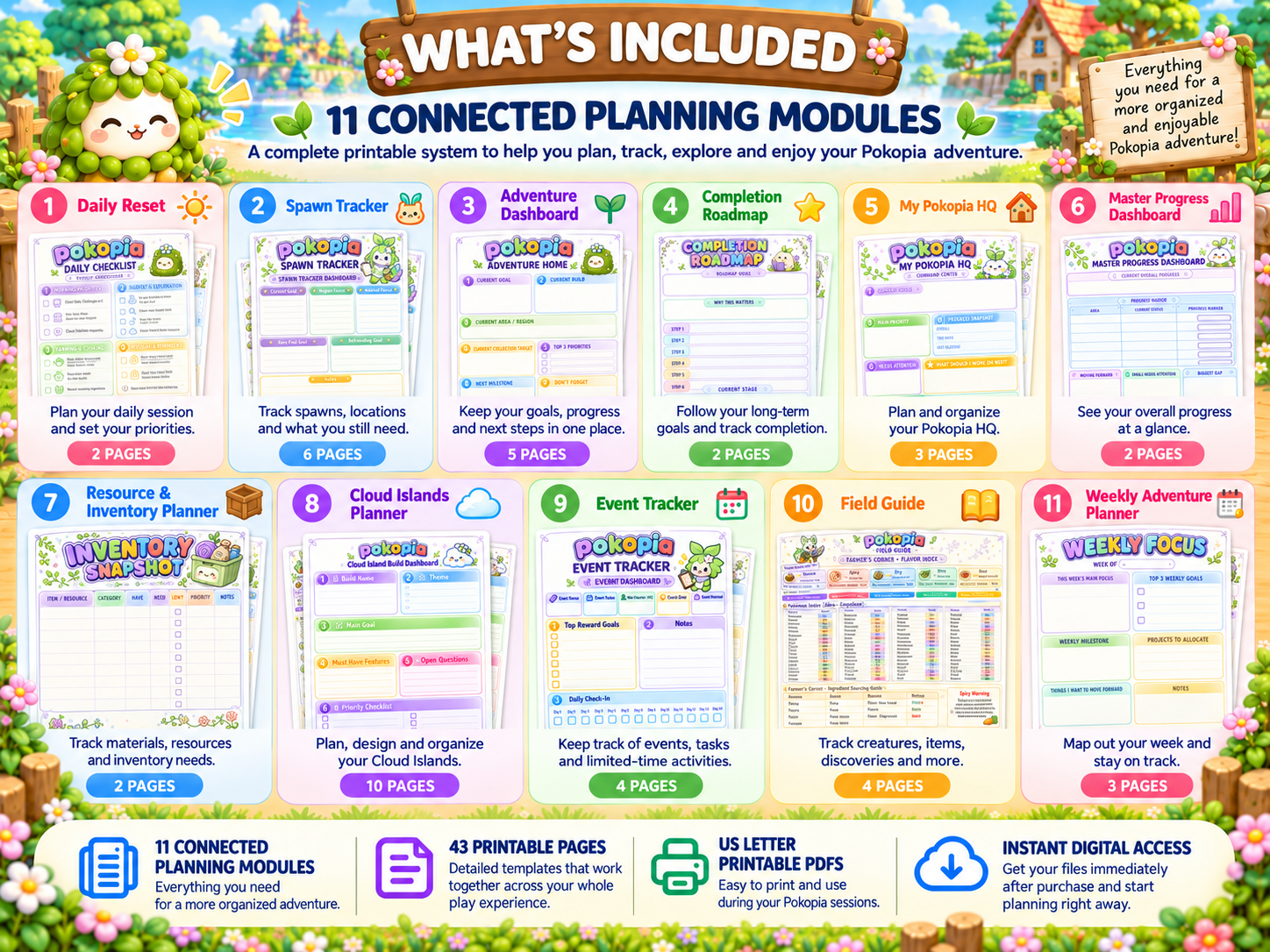 What’s included: 11 connected planning modules and 43 printable pages covering daily reset, spawns, islands, events, inventory, and weekly focus.