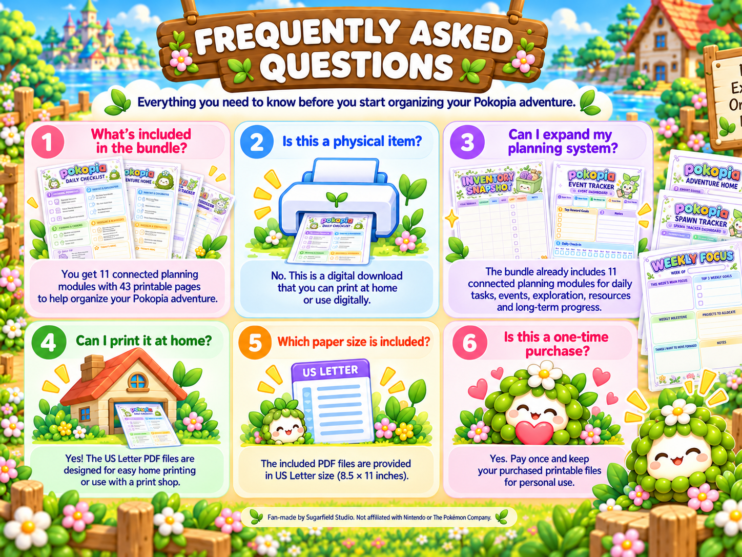 Frequently asked questions about the Pokopia printable bundle, including what’s included, printing at home, paper size, and one-time purchase.